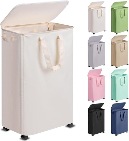 Slim Laundry Hamper with Lid and Wheels, Small Rolling Laundry Basket with