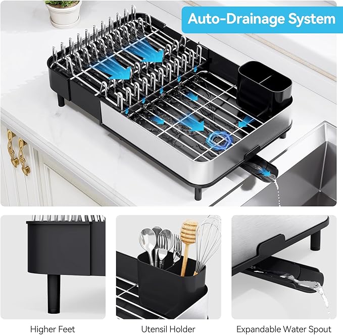 Urackify Dish Drying Rack - Dish Drainer for Kitchen Counter, Stainless Steel Dish Rack with Swivel Draining Spout & Drain Board, Expandable Space-Saving Kitchen Dish Organizer for 3-4 People, Black