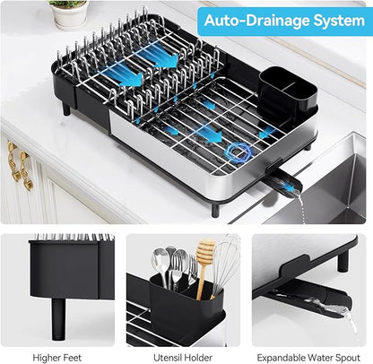 Urackify Dish Drying Rack - Dish Drainer for Kitchen Counter, Stainless Steel Dish Rack with Swivel Draining Spout & Drain Board, Expandable Space-Saving Kitchen Dish Organizer for 3-4 People, Black
