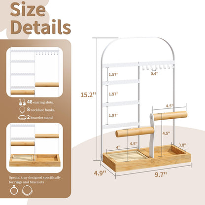 BMOSU Jewelry Organizer Stand with Velvet Ring Holder 2 Bracelet Holder Display 4 Tier Jewelry Rack with 8 Necklace Hooks and 48 Earring Holes Organizer Storage Wooden Box White
