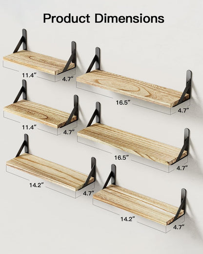 AMADA HOMEFURNISHING Wall Shelves Set of 6, Rustic Farmhouse Style, Wood Floating Shelves for Wall Decor, Bathroom & Bedroom Storage, Living Room Book Shelves, 6pcs