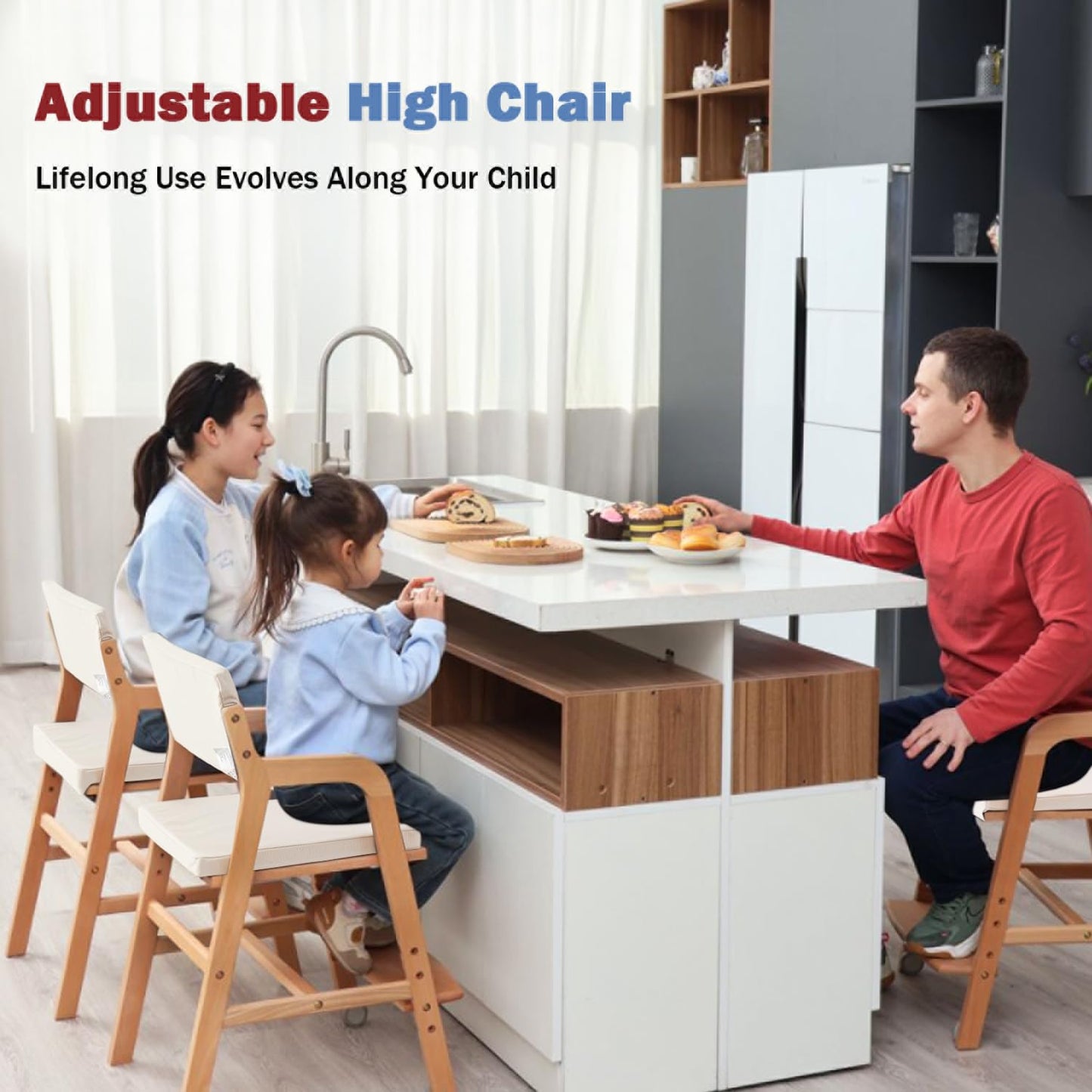 Swegrow Wooden High Chair with 2 Wheels, Adjustable Seat - Backrest - Footrest Heights, Wooden High Chair for Toddlers - Kids and Baby, Kids Dining Chair with Removable Cushion(Beige)