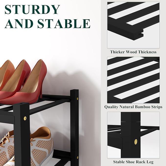 Smiry Small Bamboo Shoe Rack, 3 Tier Free Standing Wooden Shoe Organizer, Stackable Wood Shoe Storage Shelf for Closet, Entryway, 12 Vertical Slats, 2+1 Stack Standard Legs, 17.3"x11"x19.5", Black