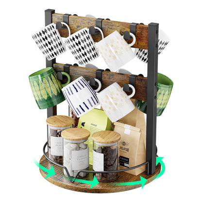 KLM Wood Coffee Mug Holder,12 Hook Mug Tree Holder Rack with Storage Base,Mug Display Organizer,Mug Holders for Home Kitchen,Support 360° rotation for easy access