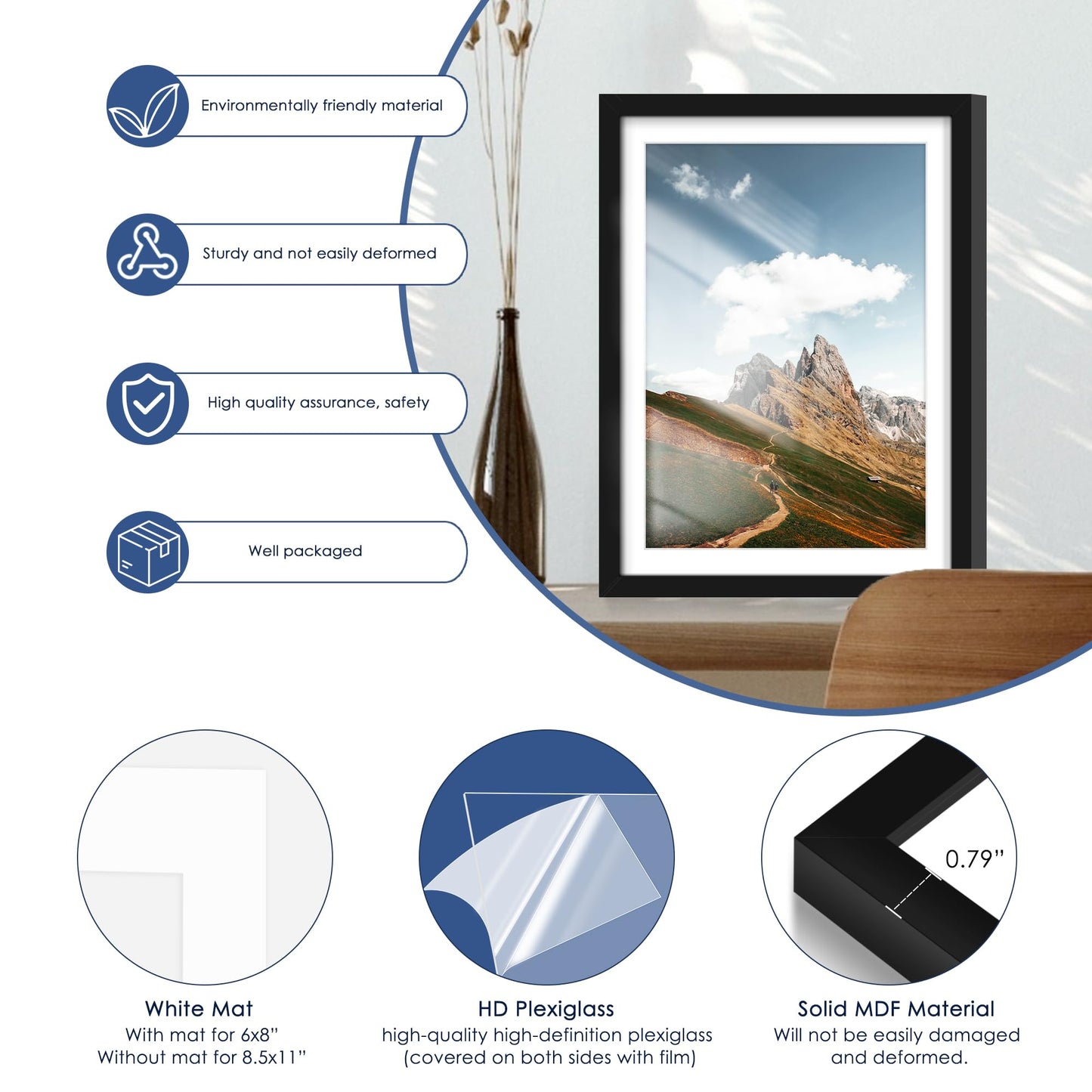 PEALSN 10x13 Picture Frames Set of 6, Display Pictures 9x12 with Mat or 10x13 without Mat for Wall Mounting or Table Top, Photo Frames Collage for Wall Decor, Black.