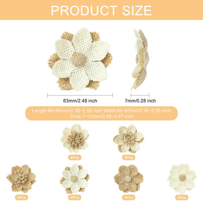LiQunSweet 24 Pcs 6 Styles Handmade Natural Burlap 3D Fabric Flowers Burlap Rustic Ornament Accessories for Hat DIY Handmade Crafts Home Embellishment Wedding Party Decoration