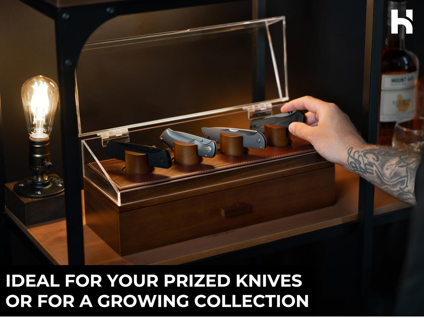 Premium Pocket Knife Display Case for 10 Knives - Wooden Knife Organizer, Storage & Holder with Unique Pillars, Hinged Cover, Drawer - Knife Collection Box - Handcrafted Father's Day Present for Men
