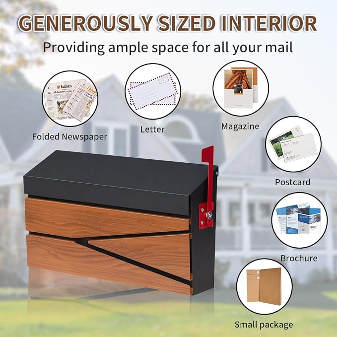 Ydocabinit Wall Mount Mailbox, Large Capacity Mailbox for House, Flag Kit, Galvanized Steel Rust-Proof Metal Post Drop Box, Mailboxes for Outside, 15.74"×9.84"×4.33", Wooden Patterned Metal Sheet