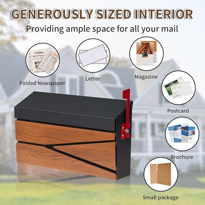 Ydocabinit Wall Mount Mailbox, Large Capacity Mailbox for House, Flag Kit, Galvanized Steel Rust-Proof Metal Post Drop Box, Mailboxes for Outside, 15.74"×9.84"×4.33", Wooden Patterned Metal Sheet