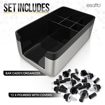 Esatto Professional Bar Products Premium Bar Caddy (Chrome), Used to Easily Organize Bar Items and Workspace, With Additional 12 Pourers For Precision Pouring and 12 Pourer Covers