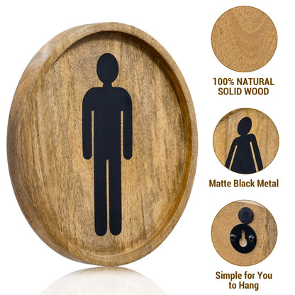 MyGift 10 Inch Round Rustic Solid Mango Wood Wall Hanging Mens and Womens Bathroom Signs with Matte Black Metal Cutout Male Female Gender Symbols, 2 Piece Set - Handcrafted in India