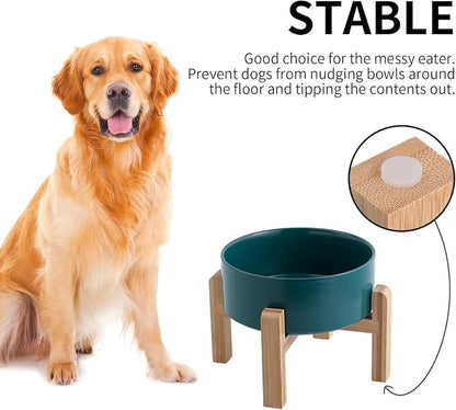 Green Raised/Elevated Ceramic Dog Bowl for Small Medium Sized Breeds,Dog Food Water Bowl with Stand,6 in Non Slip Heavy Pet Feeding Dish 3.6 Cups/ 850 ml /28 OZ