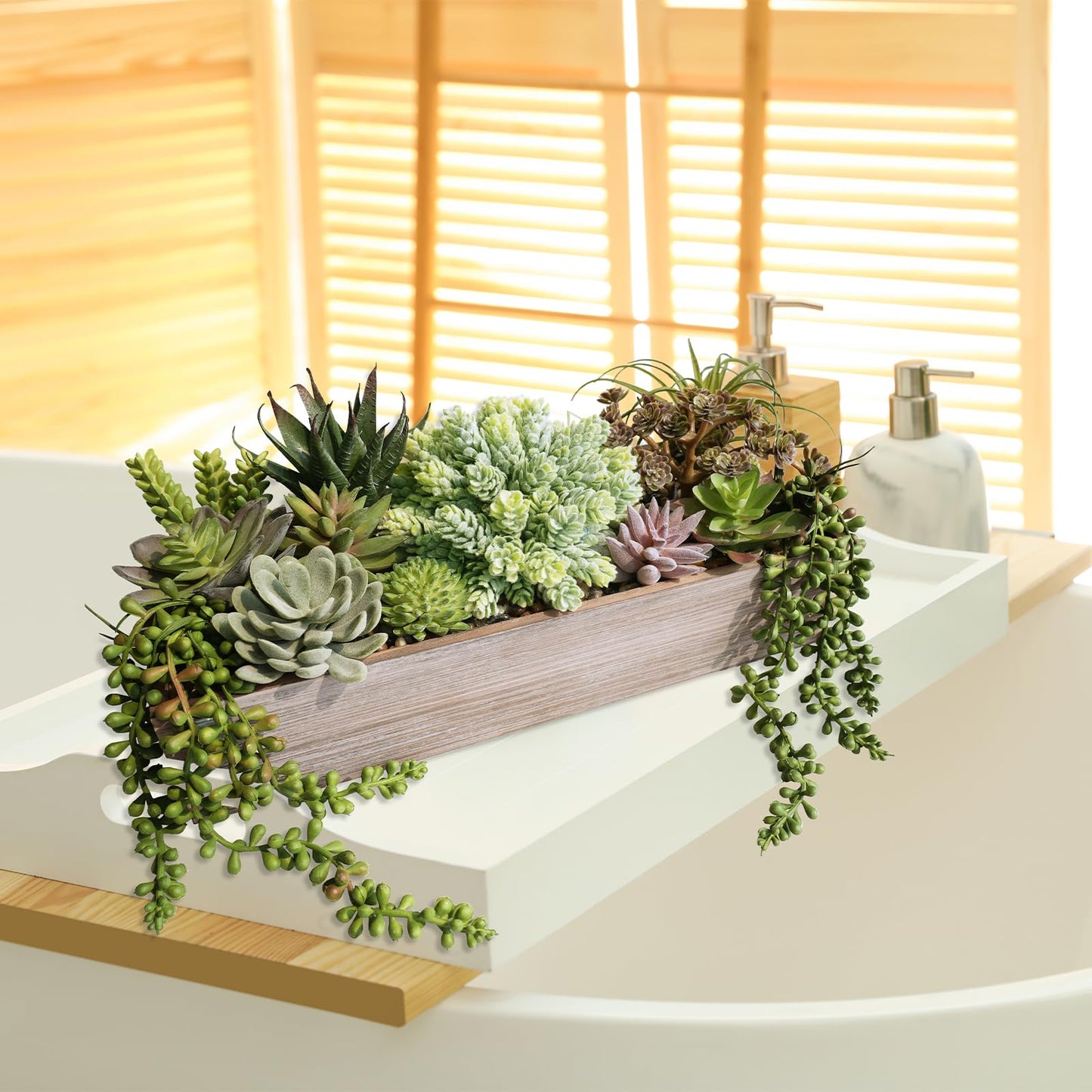 Winlyn 15" Artificial Succulents Plants Arrangement Fake Succulent Plants in Whitewashed Rectangular Wooden Planter Box Faux Potted Plant Decor for Home Windowsill Shelf Farmhouse Table Centerpiece