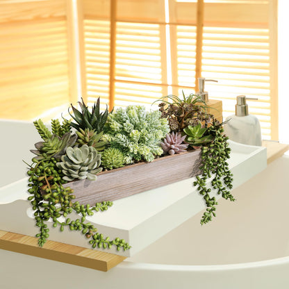 Winlyn 15" Artificial Succulents Plants Arrangement Fake Succulent Plants in Whitewashed Rectangular Wooden Planter Box Faux Potted Plant Decor for Home Windowsill Shelf Farmhouse Table Centerpiece
