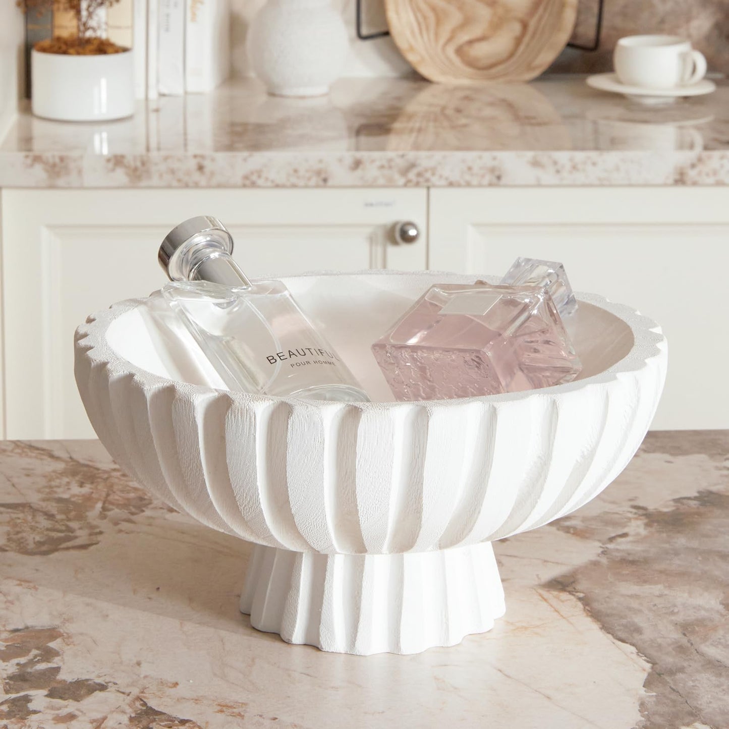 DN DECONATION White Wooden Decorative Bowl with Stand, 11.22" Wood Fruit Candy Key Holder Bowl for Centerpiece Home Room Decor Farmhouse Shelf Coffee Table Entryway