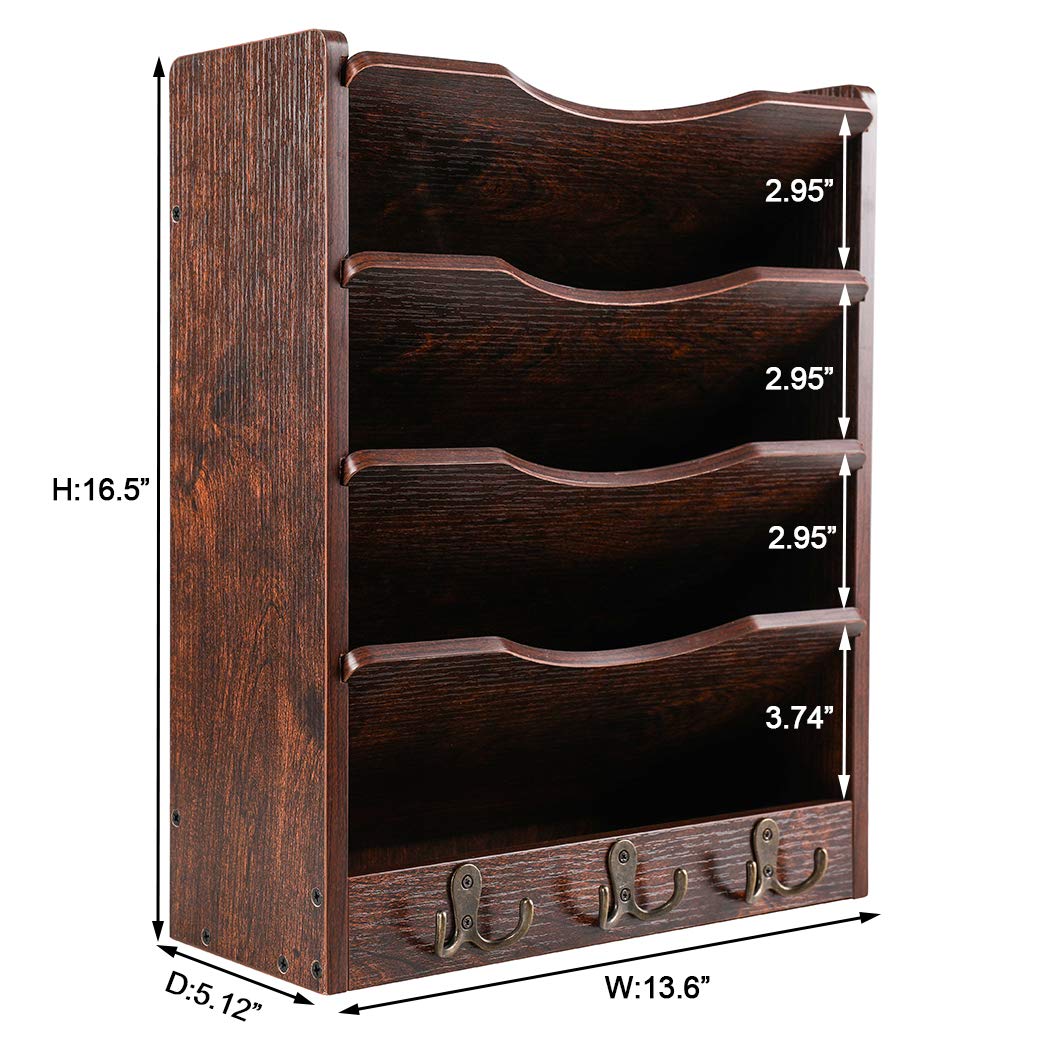 PAG 5-Tier Wall File Holder Hanging Mail Organizer Wood Magazine Literature Rack with 6 Hooks, Brown