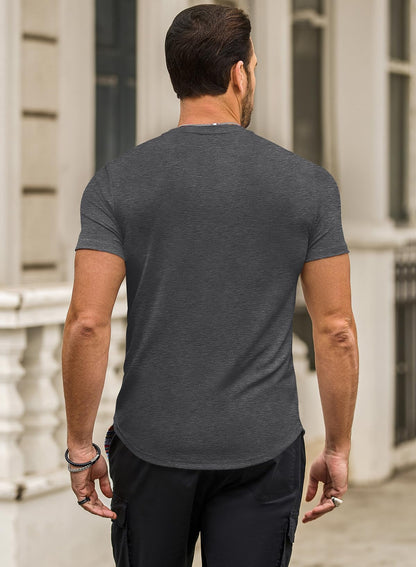 JMIERR Mens Short Sleeve Casual Shirts Muscle Slim Fitted Fashion Shirt Crewneck Longline Tees Shirts for Gym Workout Athletic, US 46(XL), Dark Grey