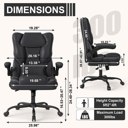 Ergonomic Office Chair with Flip-up Armrests 300lbs,Middle-Tall Computer Office Desk Chair with Lumbar Support,Executive Leather Chair with Rocking Function Adjustable Height for Home Office