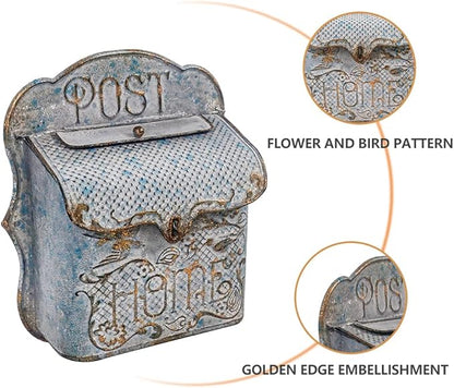 BIG FORTUNE Wall Mount Mailbox for House Outside Vintage Metal Door Mailbox Antique Style Nostalgic Charm Home Decor Garden Vintage English Cottage Decor Flower Patter (Grey)