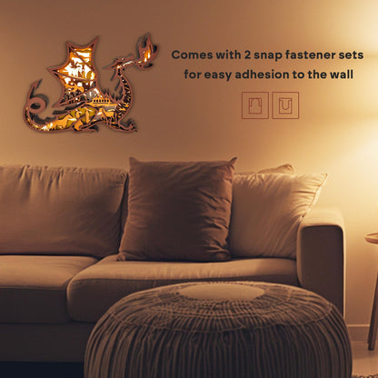 3D Wooden Animals Carving LED Night Light, Dragon Decor Wood Carved Lamp Cabin Statues Rustic Figurines Wall Hanging Sculpture Silhouette Ornament for Living Room Bedroom Home Room for Birthday Gifts