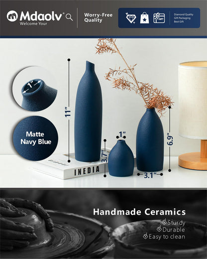Mdaolv Matte Blue Vase Set Navy Blue Decor Coastal Decor Vases for Kitchen Island Living Room Office Table Fireplace Mantle Decorations & Bathroom Shelf Decor Centerpiece Table Decorations Ceramic