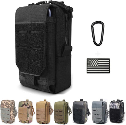 Molle Utility Pouch EDC Cell Phone Pouch for Vests, Tactical Waist Bag for Men Gadget Organizer Pack Purse Mobile Phone Case Hunting Compact Bag U.S.A Patch Carabiner Included, Black