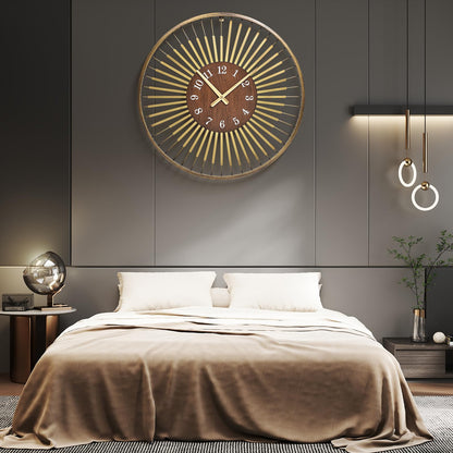 XGGJWW 24 Inch Mid-Century Modern Wall Clock, Round Frame Metal Design with Walnut Wood Center, Silent Quartz Movement, Gold-Tone Accents – Decorative Wall Clock for Living Room, Bedroom, and Office