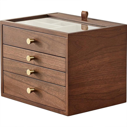 Homruilink Black Walnut Wooden Jewelry Box for Women 4 Layer with Glass Lid and Pull-out Necklace Storage Layer Watch Necklace Ring Earring Storage, Fathers Day Gift