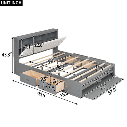 Merax Queen Size Bed Frame with Upholstered Storage Headboard, Rustic Wood Platform Bed with Four Drawers and Shoe Rack, Sturdy Wooden Slats Support, No Box Spring Needed, Easy Assembly, Gray