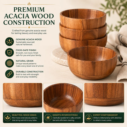 WEBHUSHI Acacia Wood Round Serving Bowls Set of 4 U Shape Handmade 4.75 Inch Medium Size Brown