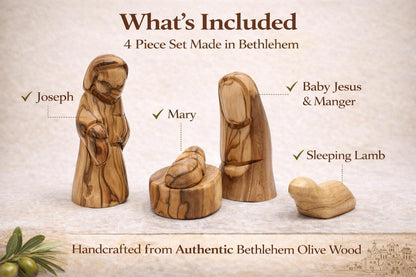 Zuluf Small Olive Wood Holy Family Figurines – Hand-Carved Nativity Set Scene with Joseph, Mary & Baby Jesus – Wooden Christmas Tree Decor for Catholic Indoor Display – HOF035