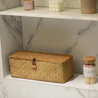 DECRAFTS Seagrass Storage Basket with Lid Rectangular Small Woven Shelf Baskets with Sections for Organize Snack Toys Tampon