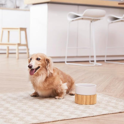 Teamson Pets Billie Elevated Ceramic Pet Bowl with Bamboo Stand,Brown