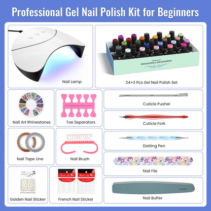 VANREESA 42 Pcs Gel Nail Polish Kit with U V Light 24 Popular Colors Gel Polish Nail Kit Green Blue Purple Pink Orange Complete Nail Kit with Manicure Tools Gifts for Women Girls