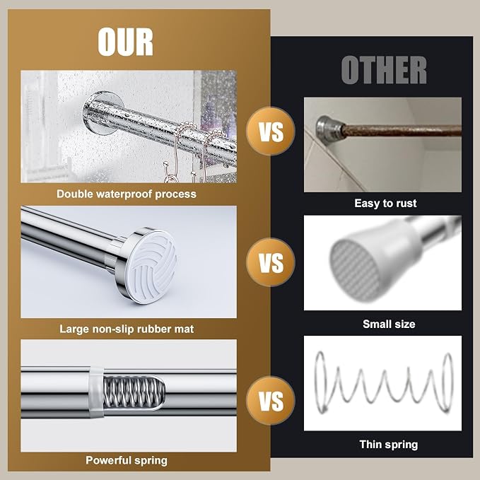 Ausemku Shower Curtain Rod Tension, 32-65 Inch Adjustable Heavy Duty Spring Tension Curtain Rod, No Drill Stainless Steel Telescoping Rod for Bathroom, No Rust, Silver