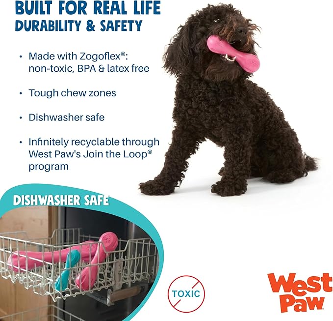 WEST PAW Zogoflex Hurley Dog Bone Chew Toy – Floatable Pet Toys for Aggressive Chewers, Catch, Fetch – Bright-Colored Bones for Dogs – Recyclable, Dishwasher-Safe, Non-Toxic, Large, Geranium