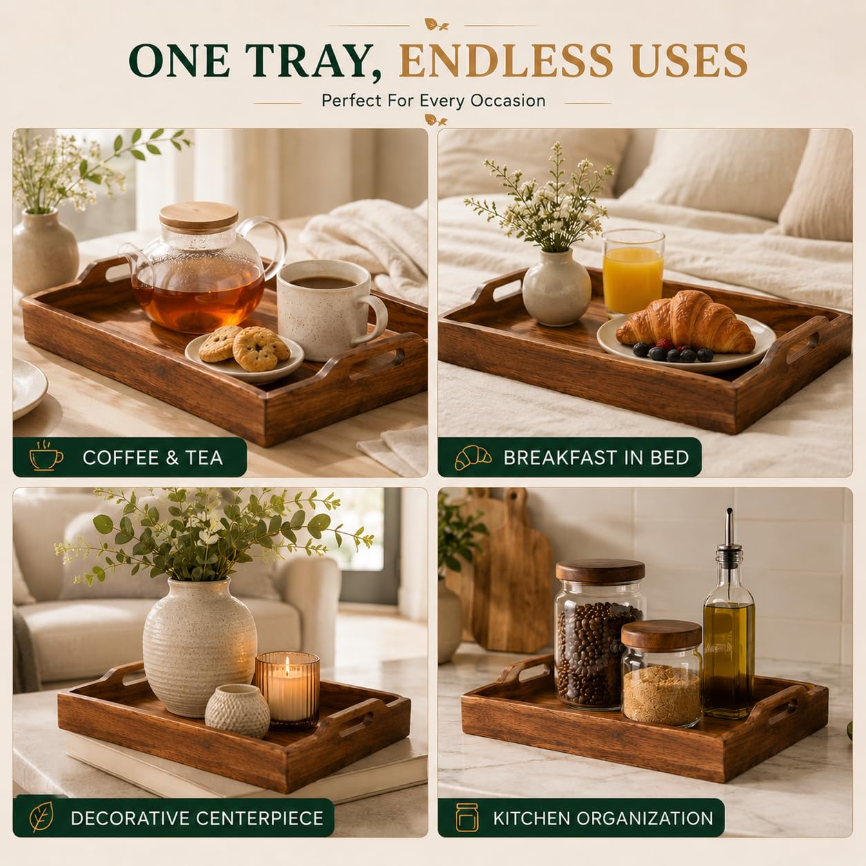WEBHUSHI Acacia Wood Serving Tray - 16 Inch Brown Wooden Tray with Natural PU Coating for Kitchen and Dining