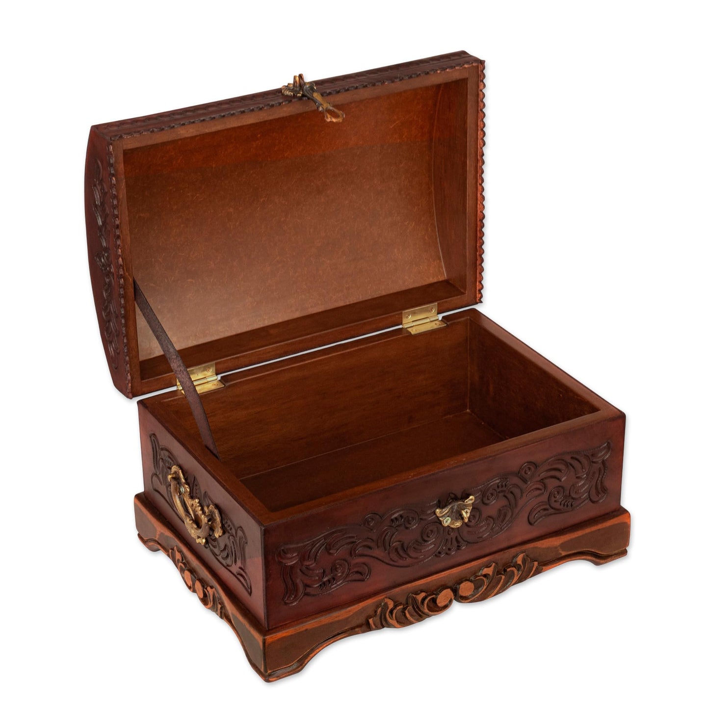 NOVICA Colonial Theme Mohena Wood and Tooled Leather Jewelry Box, 'Colonial Legacy'