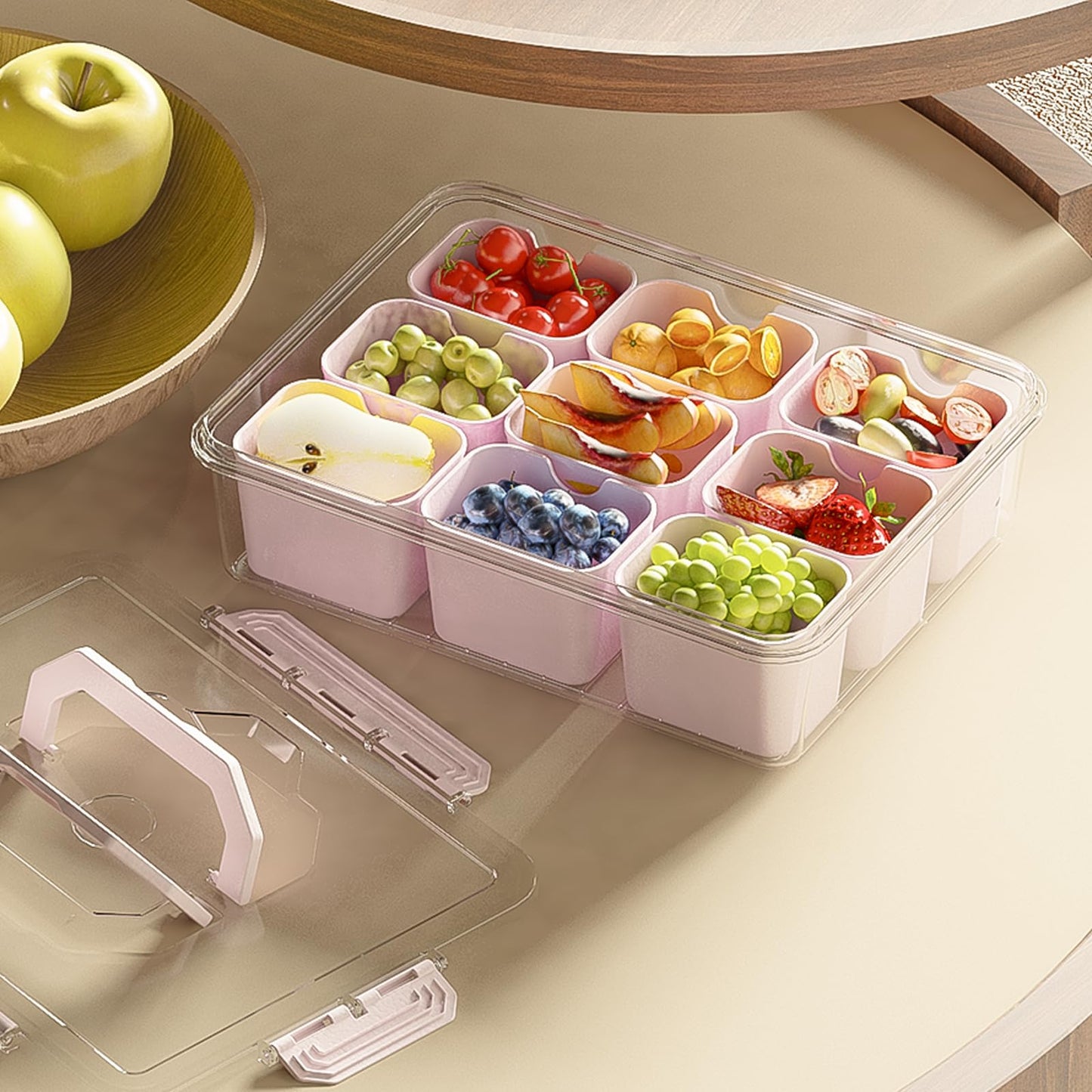 REBECAT Divided Serving Tray with Lid and Handles 9 Compartments Snack Box Container Charcuterie Organizer Snackle Box Container for Candy,Nuts，Fruits,Snacks,2 Pack,Pink
