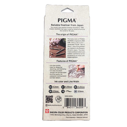 SAKURA Pigma Micron - Pigment Fineliner Pens - 005/01/05/08/GellyRoll 0.5mm/Fine Brush - Paper Case of 6 - Black Ink