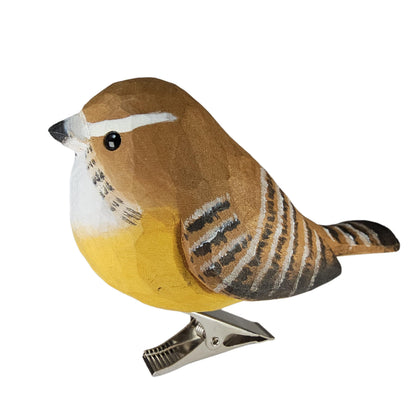 Clip-On Wooden Carolina Wren Ornament with Gift Box - Hand-Carved Wooden Bird for Christmas Tree, Wreaths & Gifts, Rustic Woodland Décor