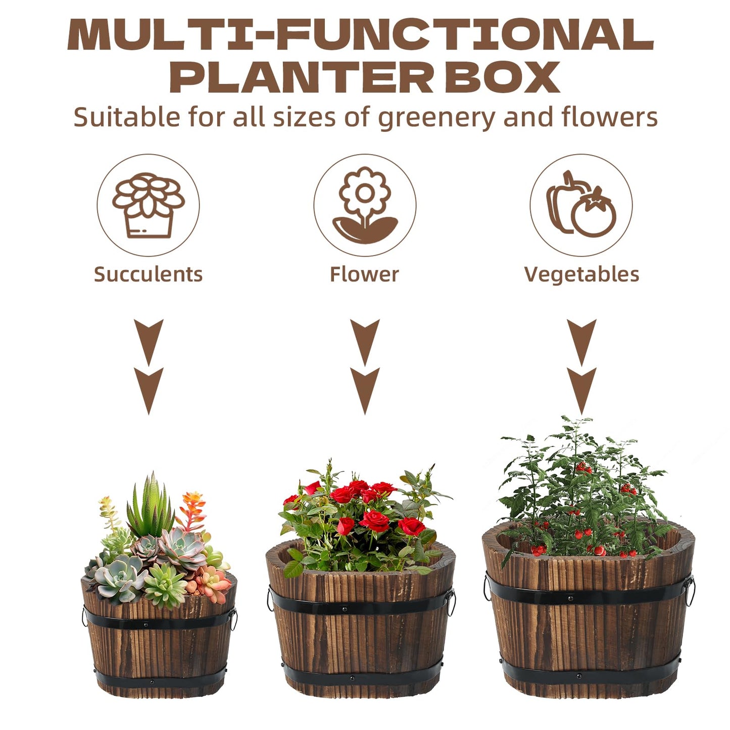Hlimior 3 Pcs Wooden Whiskey Barrel Planters, Wooden Flower Planters Pots Boxes with Metal Handles 3 Sizes Planting Wood Buckets Tree Pot for Indoor Outdoor Garden Home Plants