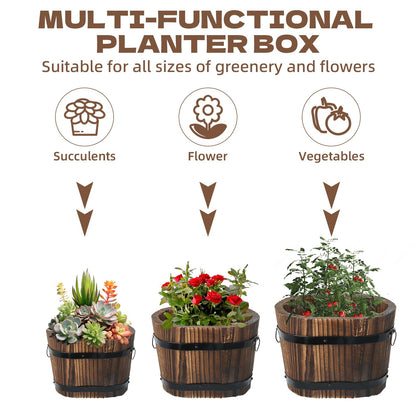 Hlimior 3 Pcs Wooden Whiskey Barrel Planters, Wooden Flower Planters Pots Boxes with Metal Handles 3 Sizes Planting Wood Buckets Tree Pot for Indoor Outdoor Garden Home Plants