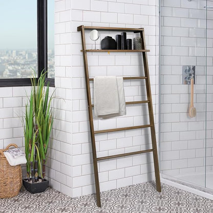Space Saving 100% Solid Wood 6-Tier Blanket Ladder with Two Storage Shelves - Walnut