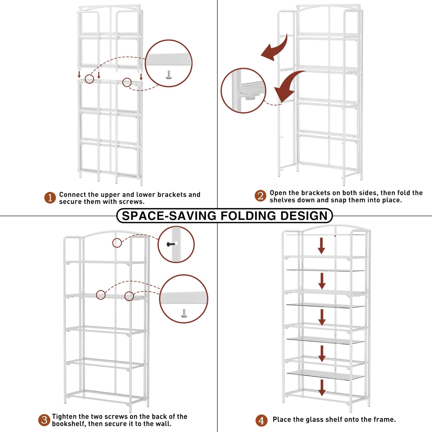 Crofy 5-Tier Wider Foldable Bookshelf, White Frame & Transparent Shelves