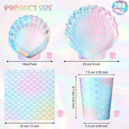 Hoolerry 200 Pcs Mermaid Party Supplies 7 Inch 9 Inch Disposable Paper Seashell Plates, Napkins and Cups Cutlery Dinnerware Set for Under The Sea Birthday Baby Shower Ocean Party Decoration, Sever 50