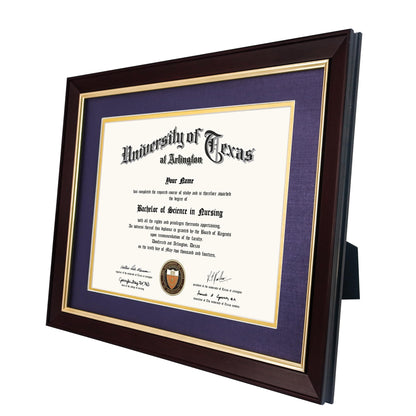 GMFrames 8.5x11 Wood Diploma Frame with Purple Mat or Display 11x14 Certificates without Mat,Tempered Glass,Deep Brown Finish with Gold Trim
