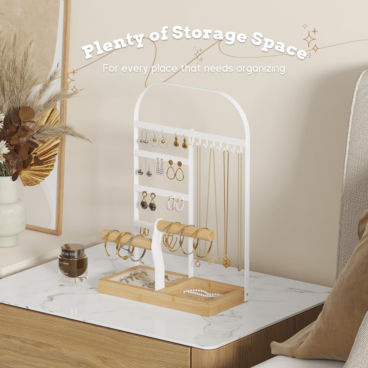 BMOSU Jewelry Organizer Stand with Velvet Ring Holder 2 Bracelet Holder Display 4 Tier Jewelry Rack with 8 Necklace Hooks and 48 Earring Holes Organizer Storage Wooden Box White
