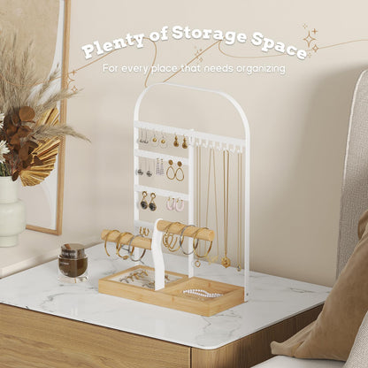 BMOSU Jewelry Organizer Stand with Velvet Ring Holder 2 Bracelet Holder Display 4 Tier Jewelry Rack with 8 Necklace Hooks and 48 Earring Holes Organizer Storage Wooden Box White