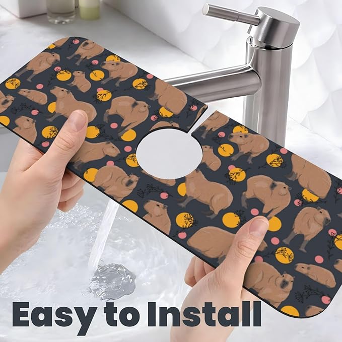 Capybara Doodle Botanical Circle Wildlife Kitchen Sink Splash Guard Faucet Mat